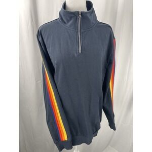 ALDI 1/4 Zip Pullover Sweatshirt Unisex L Blue Rainbow Stripe Employee Uniform